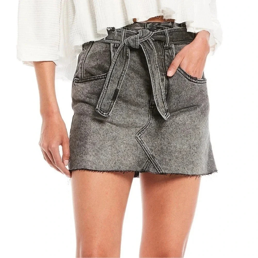 Free People | East of Eden Denim Mini Skirt in Washed Black Tie Belt Size 25
